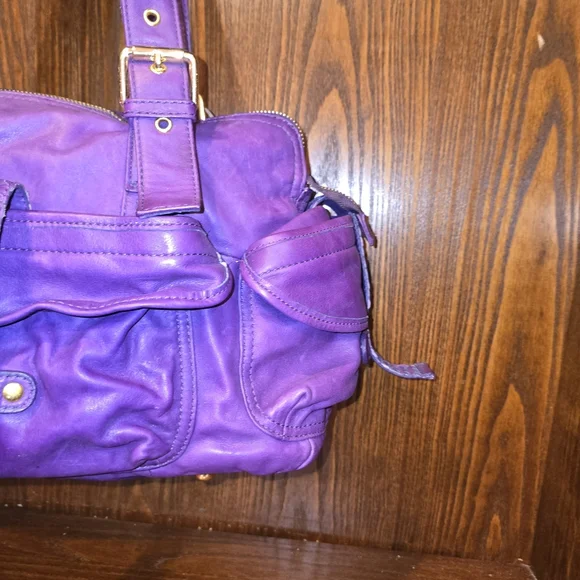 Vintage Vasiliki Lagis Purple Leather Ruched Shoulder Bag with Double Handles - Picture 4 of 11